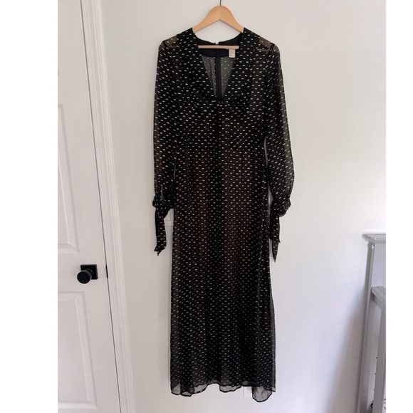 HM Long Sleeve Sheer Maxi Dress 94% Silk Black and Gold Size 8 - Picture 1 of 16